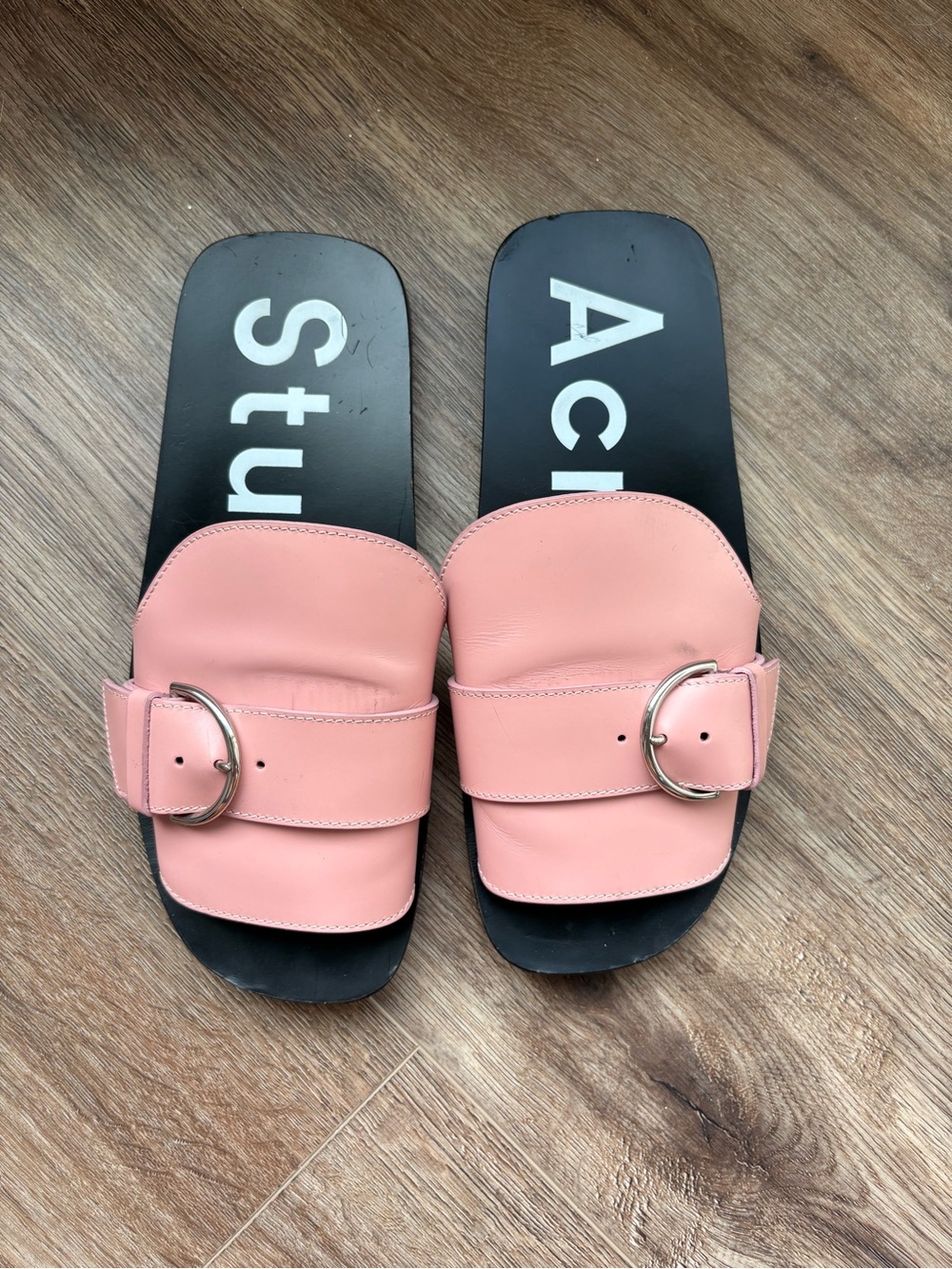 Stuart Weitzman Pink Leather Buckle Slide Sandals